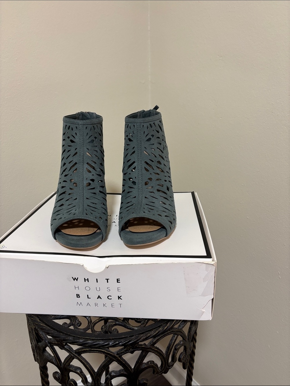 White House Black Market teal laser-cut peep-toe booties